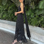 Tuularose Elegant Polka Dot Long Dress Summer Scarf Ribbon Ruffle Halter Pleated Dress Luxury Sleeveless Women's Evening Dresses