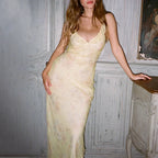 Retro V Neck Dresses Yellow Sleeveless Flower Print  Maxi Long Dress Elegant High Waist Female Holiday Party Vestidos