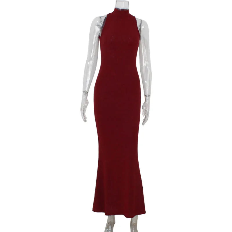 2026 Women's Elegant Shiny Red Sleeveless Long Dress Sexy Slim Bodycon Sequin Maxi Gown for Party Fashion Solid Color Robe