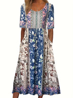 2025 summer new women's Bohemia loose fashion print round neck short sleeve long dress