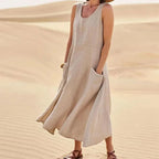 Women Coton Linen Sundress Summer Female Sleeveless Double Big Pocket Loose Sand Beachwear Long Dress Oversized S-5XL LRFZ-818