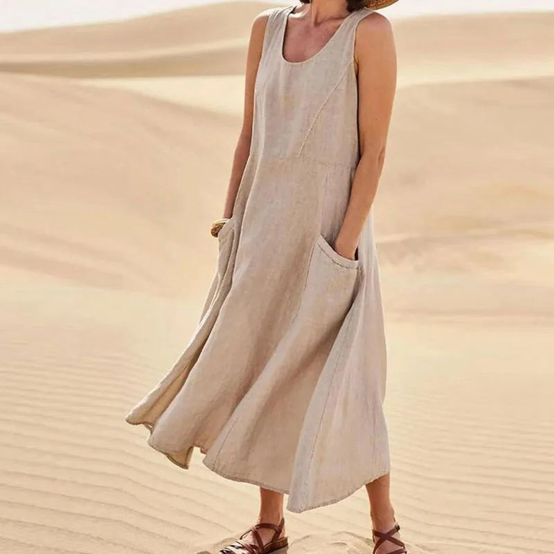 Women Coton Linen Sundress Summer Female Sleeveless Double Big Pocket Loose Sand Beachwear Long Dress Oversized S-5XL LRFZ-818