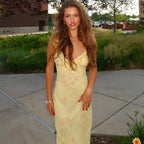 Retro V Neck Dresses Yellow Sleeveless Flower Print  Maxi Long Dress Elegant High Waist Female Holiday Party Vestidos