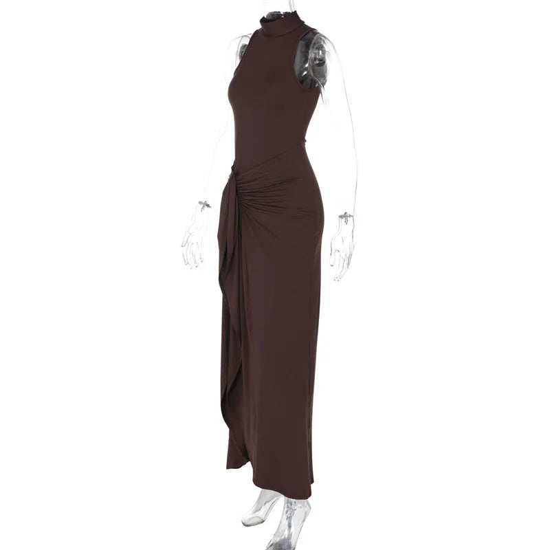 Mozision Elegant Draped Ruched Sexy Maxi Dress For Women Fashion O Neck Sleeveless Thigh High Split Club Party Long Dress Female