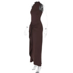 Mozision Elegant Draped Ruched Sexy Maxi Dress For Women Fashion O Neck Sleeveless Thigh High Split Club Party Long Dress Female