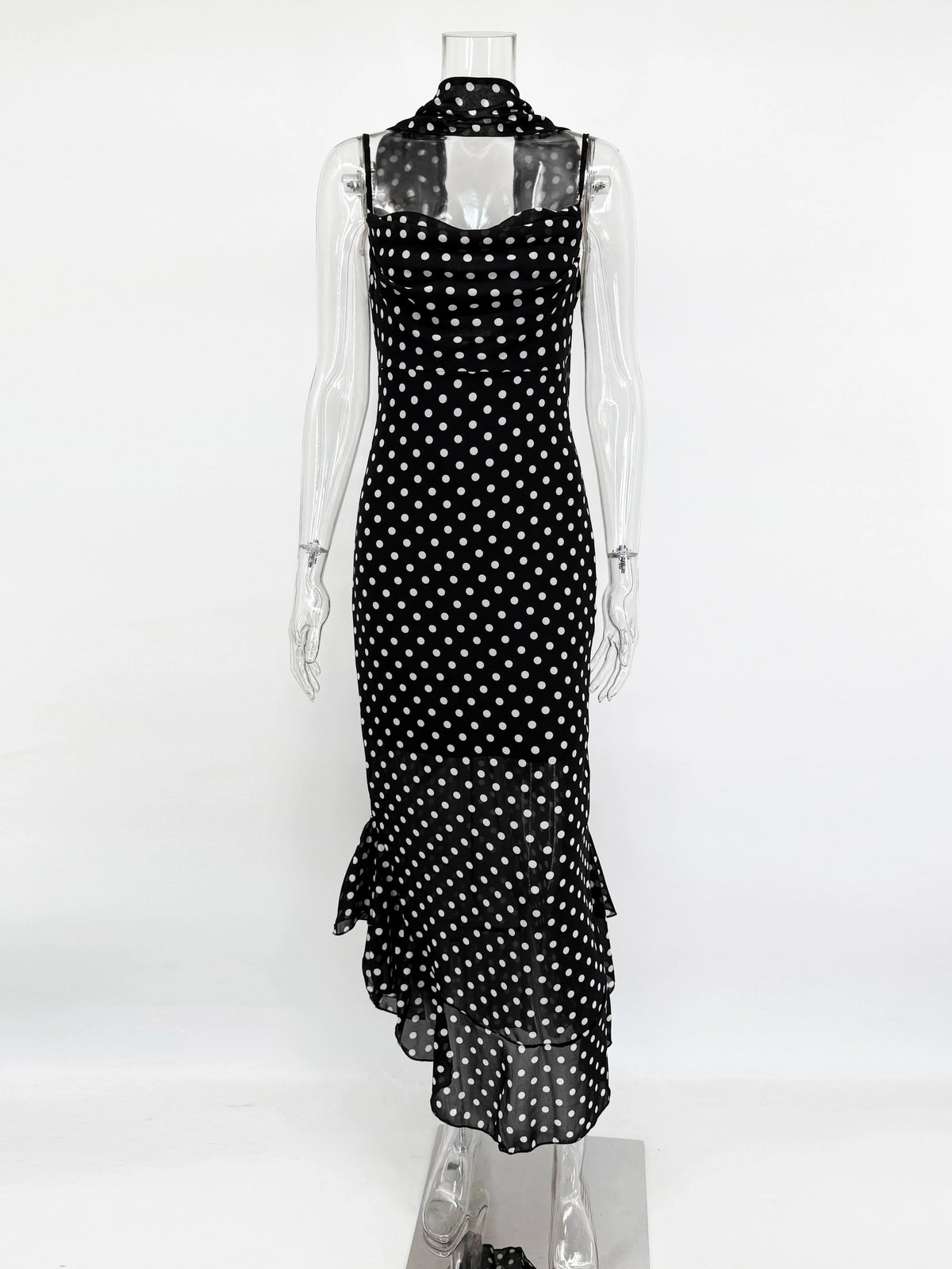 Tuularose Elegant Polka Dot Long Dress Summer Scarf Ribbon Ruffle Halter Pleated Dress Luxury Sleeveless Women's Evening Dresses