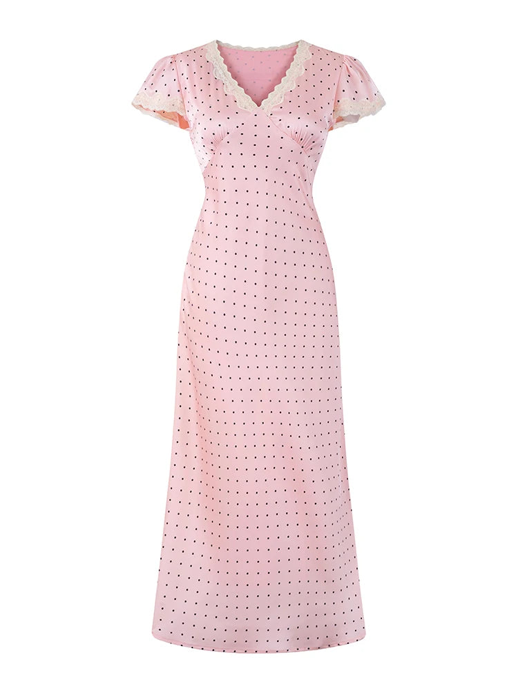 Chu Sau beauty Women New Fashion Sweet Polka Dot Print Chic Lace Patchwork V-neck Long Dress Vintage Short Sleeve Party Dresses