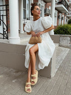 Bornladies Summer Cotton Women's Oversized Bubble Sleeve Dresses Fashionable Ladies O-Neck Chic Short Sleeve Loose Long Dress