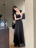 PTKPCC New Summer Waist-fitted Elegant French Style Women's Grey Short Sleeve Tank Dress Long Dress  Sexy Dress