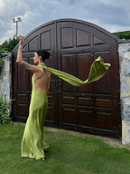 YENKYE High Street Women Sexy Elegant Halter Long Dress Female Fashion Backless Green Satin Party Maxi Vestidos