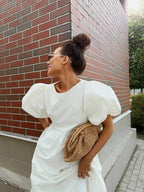 Bornladies Summer Cotton Women's Oversized Bubble Sleeve Dresses Fashionable Ladies O-Neck Chic Short Sleeve Loose Long Dress