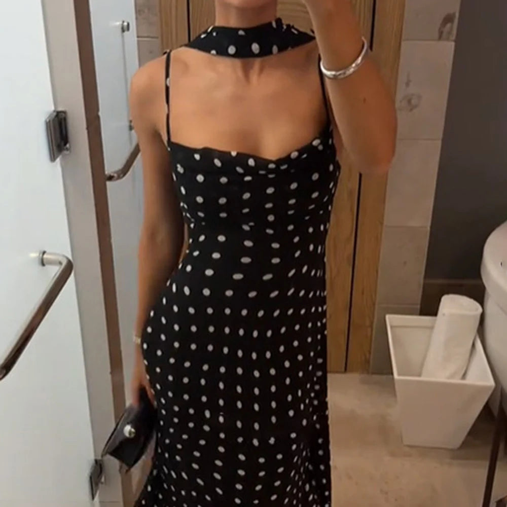 Tuularose Elegant Polka Dot Long Dress Summer Scarf Ribbon Ruffle Halter Pleated Dress Luxury Sleeveless Women's Evening Dresses