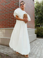 Bornladies Summer Cotton Women's Oversized Bubble Sleeve Dresses Fashionable Ladies O-Neck Chic Short Sleeve Loose Long Dress