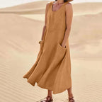 Women Coton Linen Sundress Summer Female Sleeveless Double Big Pocket Loose Sand Beachwear Long Dress Oversized S-5XL LRFZ-818