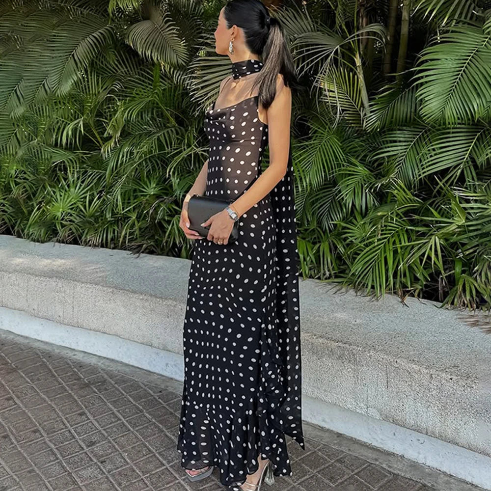 Tuularose Elegant Polka Dot Long Dress Summer Scarf Ribbon Ruffle Halter Pleated Dress Luxury Sleeveless Women's Evening Dresses