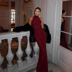2026 Women's Elegant Shiny Red Sleeveless Long Dress Sexy Slim Bodycon Sequin Maxi Gown for Party Fashion Solid Color Robe