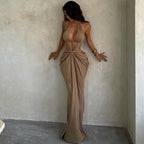 Halter Cut-Out Draped Super-Cut Back Bare Elegant Party Maxi Dress Waistless Backless Sleeveless Khaki Evening Prom Long Dress
