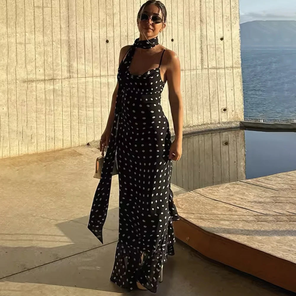 Tuularose Elegant Polka Dot Long Dress Summer Scarf Ribbon Ruffle Halter Pleated Dress Luxury Sleeveless Women's Evening Dresses