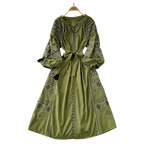 Bohemian Retro Ethnic Style Dress Women's New Spring Autumn Embroidered Lace Up Lantern Sleeves Waist Cinching Long Dress A155