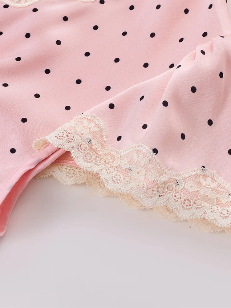 Chu Sau beauty Women New Fashion Sweet Polka Dot Print Chic Lace Patchwork V-neck Long Dress Vintage Short Sleeve Party Dresses