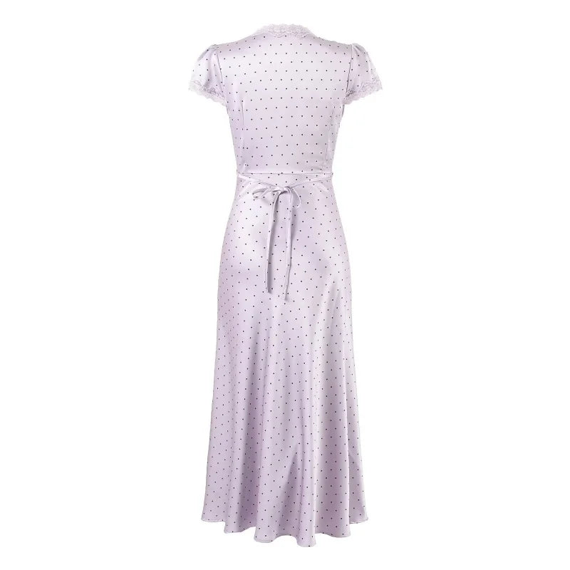 Chu Sau beauty Women New Fashion Sweet Polka Dot Print Chic Lace Patchwork V-neck Long Dress Vintage Short Sleeve Party Dresses