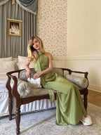 YENKYE High Street Women Sexy Elegant Halter Long Dress Female Fashion Backless Green Satin Party Maxi Vestidos