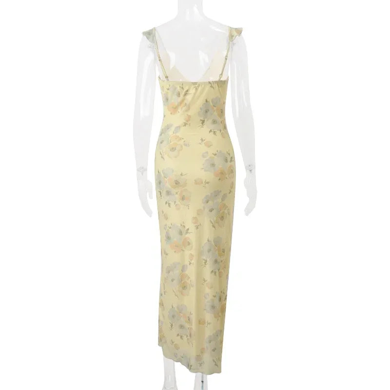 Retro V Neck Dresses Yellow Sleeveless Flower Print  Maxi Long Dress Elegant High Waist Female Holiday Party Vestidos