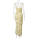 Retro V Neck Dresses Yellow Sleeveless Flower Print  Maxi Long Dress Elegant High Waist Female Holiday Party Vestidos