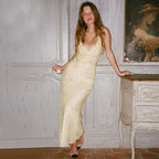 Retro V Neck Dresses Yellow Sleeveless Flower Print  Maxi Long Dress Elegant High Waist Female Holiday Party Vestidos