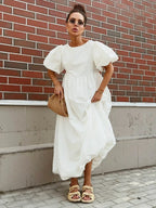 Bornladies Summer Cotton Women's Oversized Bubble Sleeve Dresses Fashionable Ladies O-Neck Chic Short Sleeve Loose Long Dress