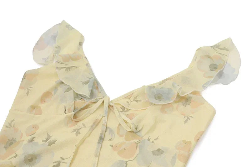 Retro V Neck Dresses Yellow Sleeveless Flower Print  Maxi Long Dress Elegant High Waist Female Holiday Party Vestidos