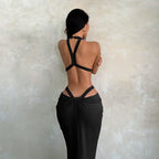 Halter Cut-Out Draped Super-Cut Back Bare Elegant Party Maxi Dress Waistless Backless Sleeveless Khaki Evening Prom Long Dress