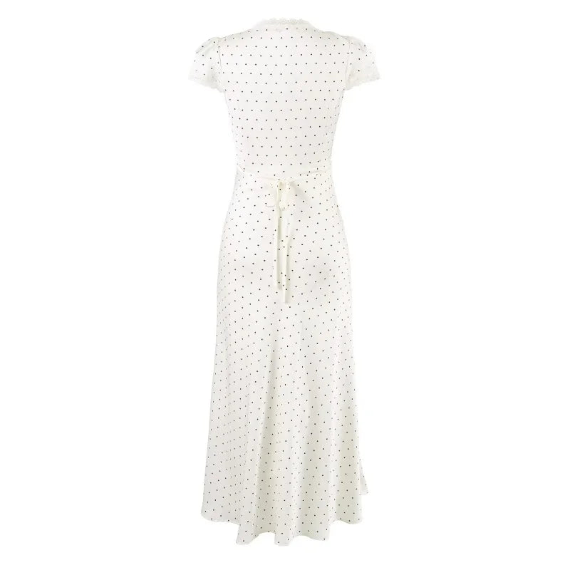 Chu Sau beauty Women New Fashion Sweet Polka Dot Print Chic Lace Patchwork V-neck Long Dress Vintage Short Sleeve Party Dresses