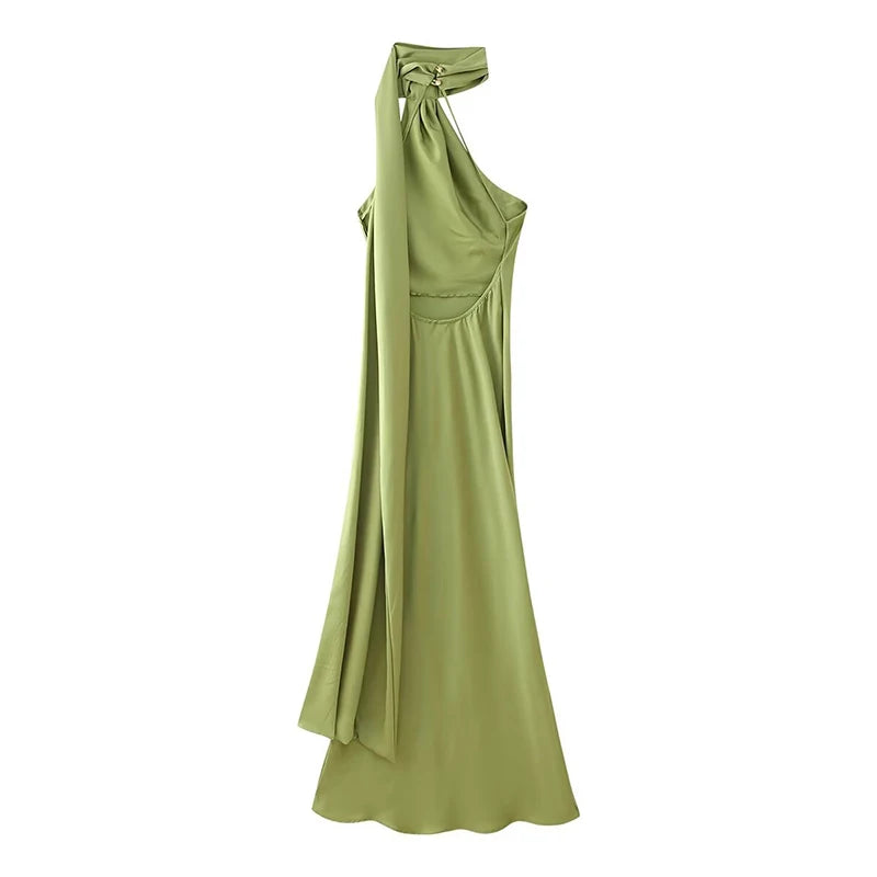 YENKYE High Street Women Sexy Elegant Halter Long Dress Female Fashion Backless Green Satin Party Maxi Vestidos
