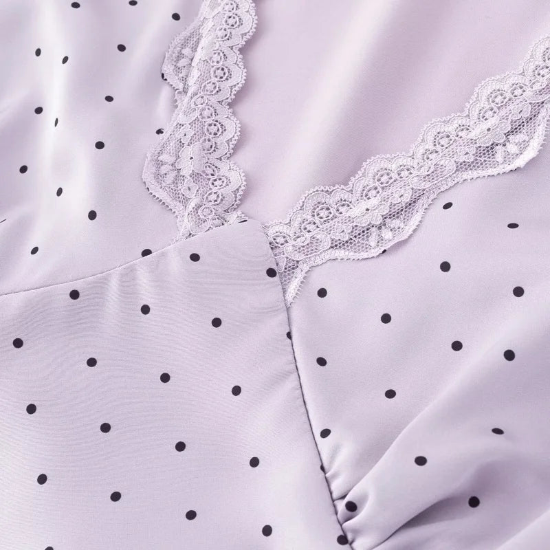 Chu Sau beauty Women New Fashion Sweet Polka Dot Print Chic Lace Patchwork V-neck Long Dress Vintage Short Sleeve Party Dresses