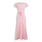 Chu Sau beauty Women New Fashion Sweet Polka Dot Print Chic Lace Patchwork V-neck Long Dress Vintage Short Sleeve Party Dresses
