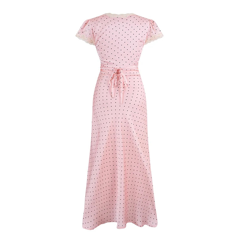 Chu Sau beauty Women New Fashion Sweet Polka Dot Print Chic Lace Patchwork V-neck Long Dress Vintage Short Sleeve Party Dresses