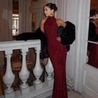 2026 Women's Elegant Shiny Red Sleeveless Long Dress Sexy Slim Bodycon Sequin Maxi Gown for Party Fashion Solid Color Robe