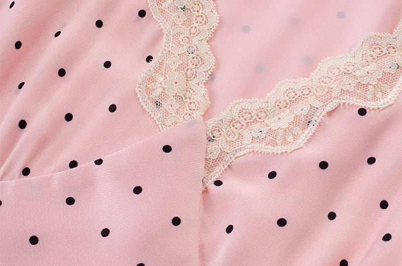 Chu Sau beauty Women New Fashion Sweet Polka Dot Print Chic Lace Patchwork V-neck Long Dress Vintage Short Sleeve Party Dresses