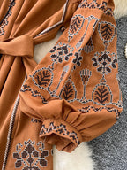 Bohemian Retro Ethnic Style Dress Women's New Spring Autumn Embroidered Lace Up Lantern Sleeves Waist Cinching Long Dress A155