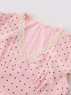 Chu Sau beauty Women New Fashion Sweet Polka Dot Print Chic Lace Patchwork V-neck Long Dress Vintage Short Sleeve Party Dresses