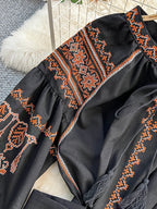 Bohemian Retro Ethnic Style Dress Women's New Spring Autumn Embroidered Lace Up Lantern Sleeves Waist Cinching Long Dress A155