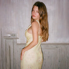 Retro V Neck Dresses Yellow Sleeveless Flower Print  Maxi Long Dress Elegant High Waist Female Holiday Party Vestidos