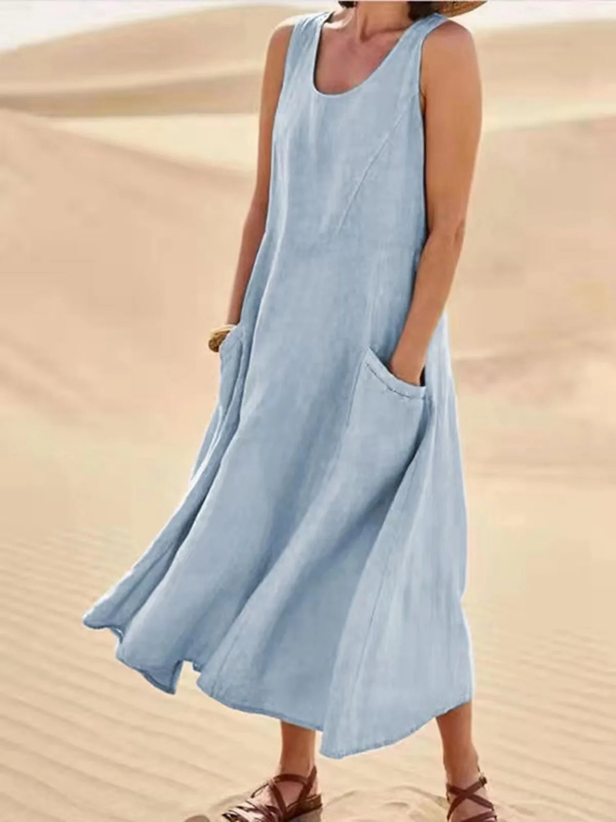 Women Coton Linen Sundress Summer Female Sleeveless Double Big Pocket Loose Sand Beachwear Long Dress Oversized S-5XL LRFZ-818